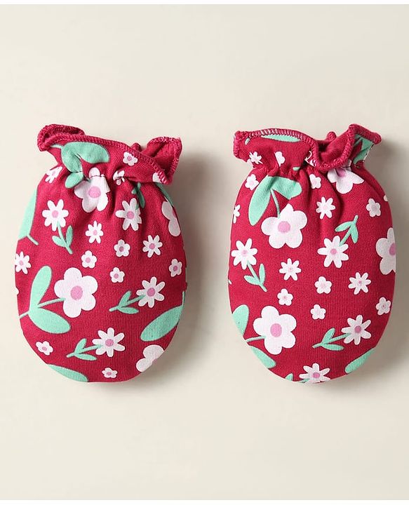 Babyhug 100% Cotton Cap Mittens And Booties Floral Printed Maroon - Diameter 12 cm