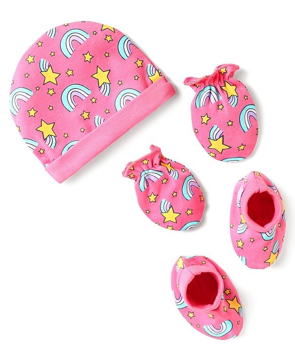 Babyhug 100% Cotton Interlock Knit Cap Mittens & Booties Set With Rainbow Print Pink - Diameter 14 cm
