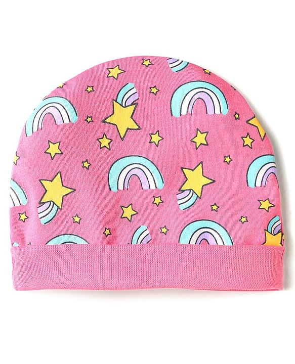 Babyhug 100% Cotton Interlock Knit Cap Mittens & Booties Set With Rainbow Print Pink - Diameter 14 cm