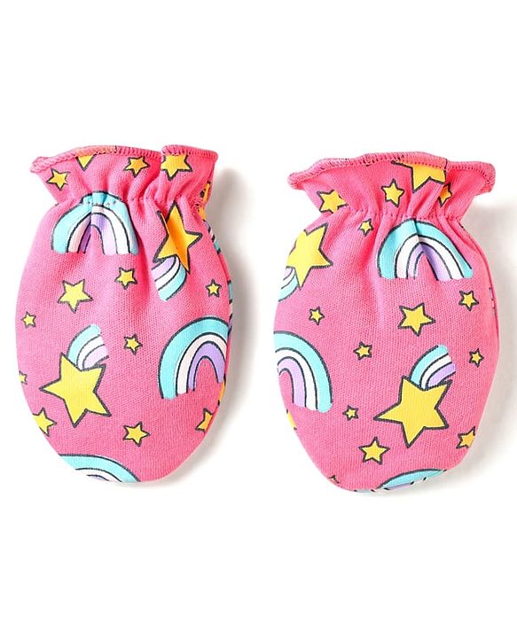 Babyhug 100% Cotton Interlock Knit Cap Mittens & Booties Set With Rainbow Print Pink - Diameter 14 cm