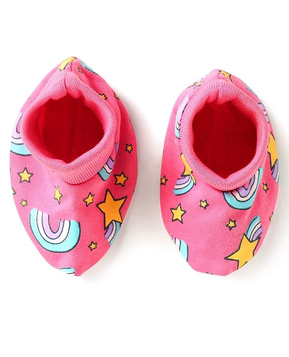 Babyhug 100% Cotton Interlock Knit Cap Mittens & Booties Set With Rainbow Print Pink - Diameter 14 cm