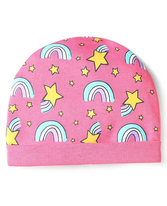Babyhug 100% Cotton Interlock Knit Cap Mittens & Booties Set With Rainbow Print Pink - Diameter 14 cm