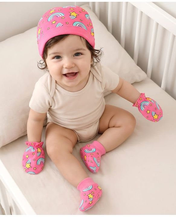 Babyhug 100% Cotton Interlock Knit Cap Mittens & Booties Set With Rainbow Print Pink - Diameter 14 cm