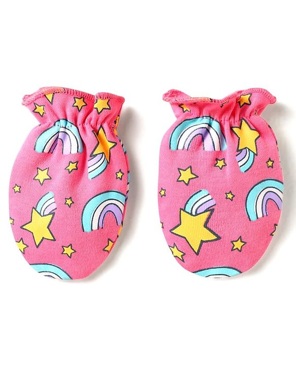 Babyhug 100% Cotton Interlock Knit Cap Mittens & Booties Set With Rainbow Print Pink - Diameter 14 cm