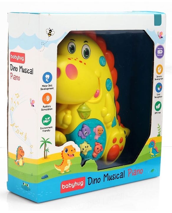 Babyhug Dino Musical Piano with Lights and Animal Sounds- Yellow| Volume Control| Early Learning Toy| Musical Toy with Flashing Lights| Drum & Piano| Gift for Boys & Girls| BIS Certified