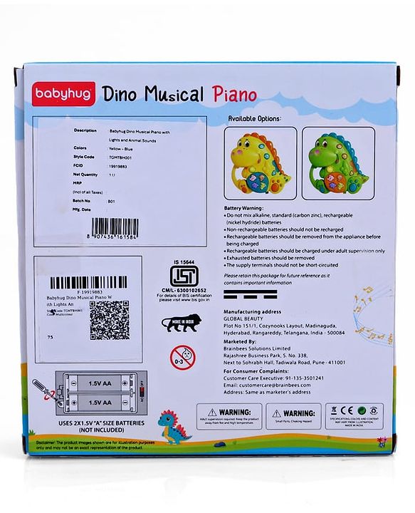 Babyhug Dino Musical Piano with Lights and Animal Sounds- Yellow| Volume Control| Early Learning Toy| Musical Toy with Flashing Lights| Drum & Piano| Gift for Boys & Girls| BIS Certified