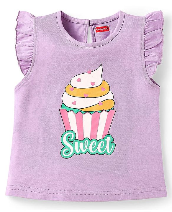 Babyhug Cotton Knit Frill Sleeves T-Shirts with Cup Cake & Heart Print Pack Of 3 - Mauve Yellow & Pink
