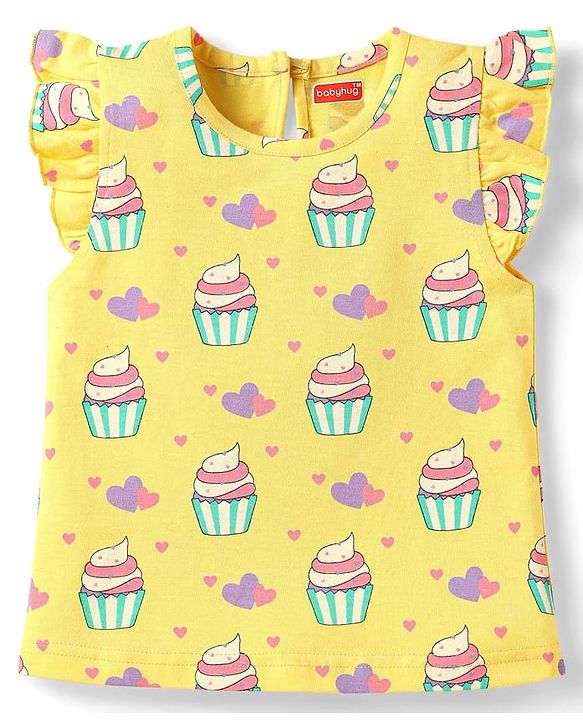 Babyhug Cotton Knit Frill Sleeves T-Shirts with Cup Cake & Heart Print Pack Of 3 - Mauve Yellow & Pink