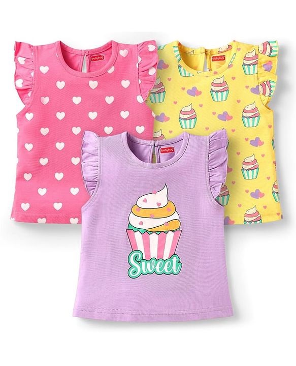 Babyhug Cotton Knit Frill Sleeves T-Shirts with Cup Cake & Heart Print Pack Of 3 - Mauve Yellow & Pink