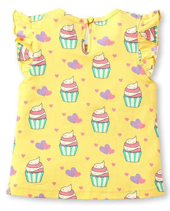 Babyhug Cotton Knit Frill Sleeves T-Shirts with Cup Cake & Heart Print Pack Of 3 - Mauve Yellow & Pink
