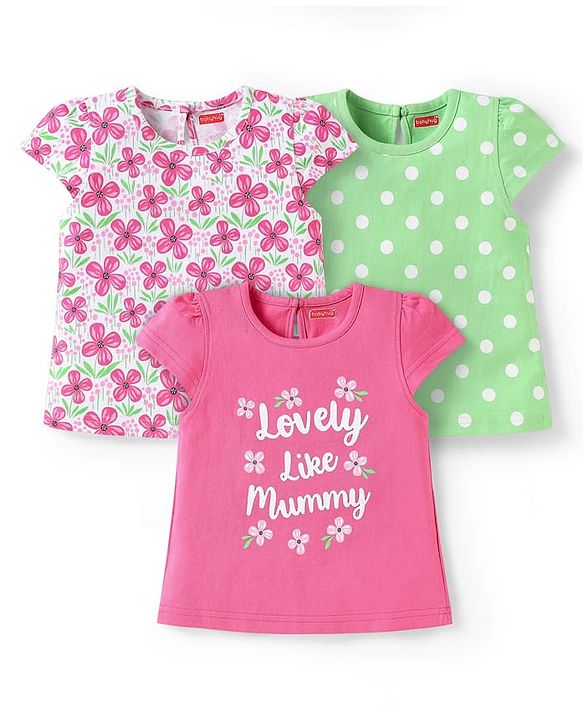 Babyhug Cotton Knit Half Sleeves T-Shirts With Polka Dot & Floral Print Pack Of 3 - Pink & Light Green