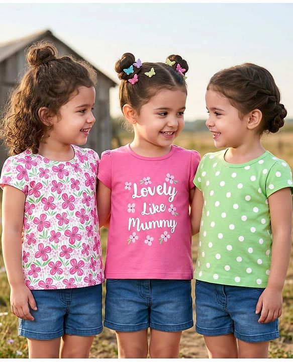 Babyhug Cotton Knit Half Sleeves T-Shirts With Polka Dot & Floral Print Pack Of 3 - Pink & Light Green