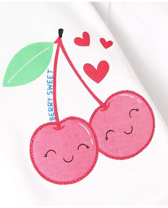 Babyhug Cotton Knit Half Sleeves Drop Shoulder T-Shirt with Cherry Print - White