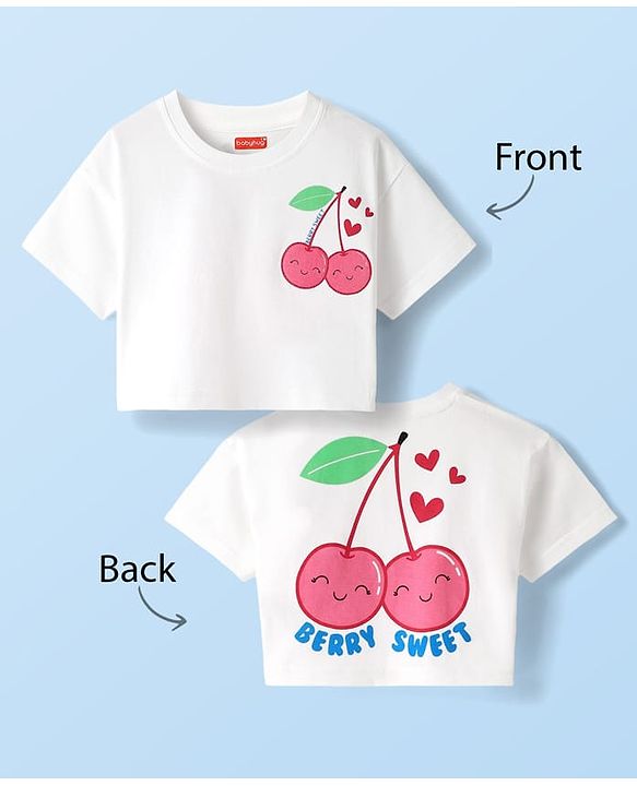 Babyhug Cotton Knit Half Sleeves Drop Shoulder T-Shirt with Cherry Print - White