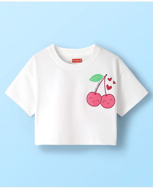 Babyhug Cotton Knit Half Sleeves Drop Shoulder T-Shirt with Cherry Print - White