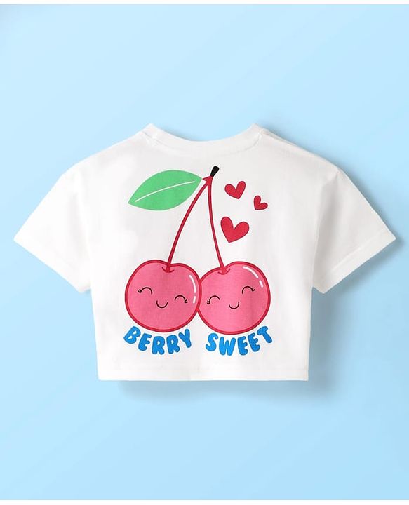 Babyhug Cotton Knit Half Sleeves Drop Shoulder T-Shirt with Cherry Print - White