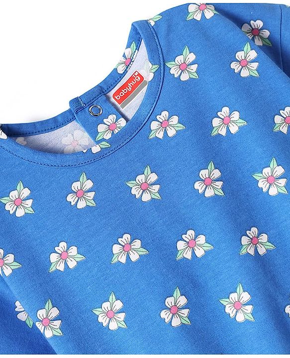 Babyhug Cotton Knit Half Sleeves Top with Floral Print - Blue