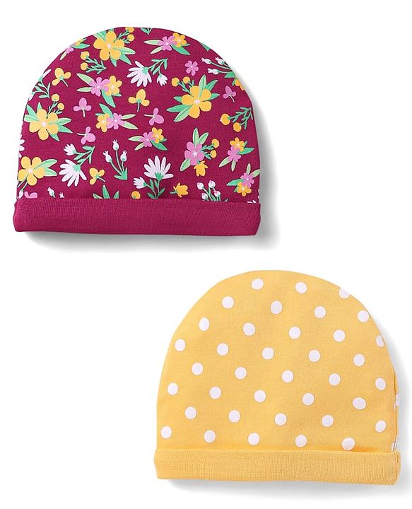 Babyhug 100% Cotton Interlock Knit Caps With Polka Dots & Floral Print Pack Of 2 Marron & Yellow - Diameter 14cm