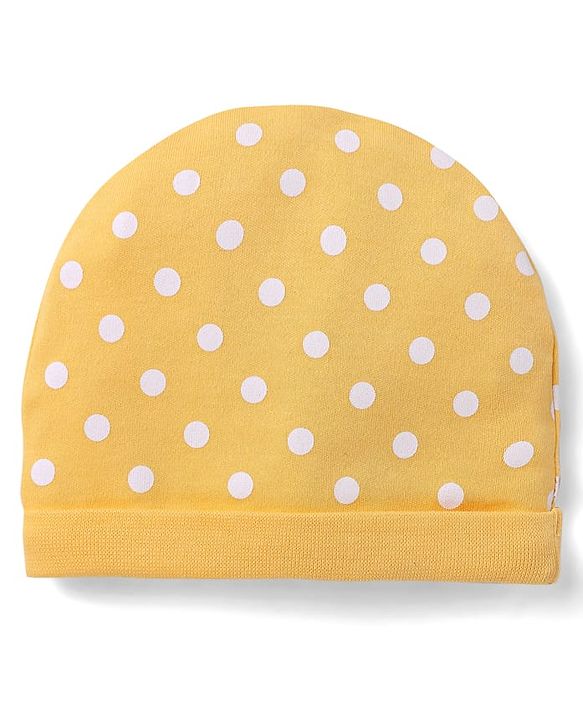 Babyhug 100% Cotton Interlock Knit Caps With Polka Dots & Floral Print Pack Of 2 Marron & Yellow - Diameter 14cm