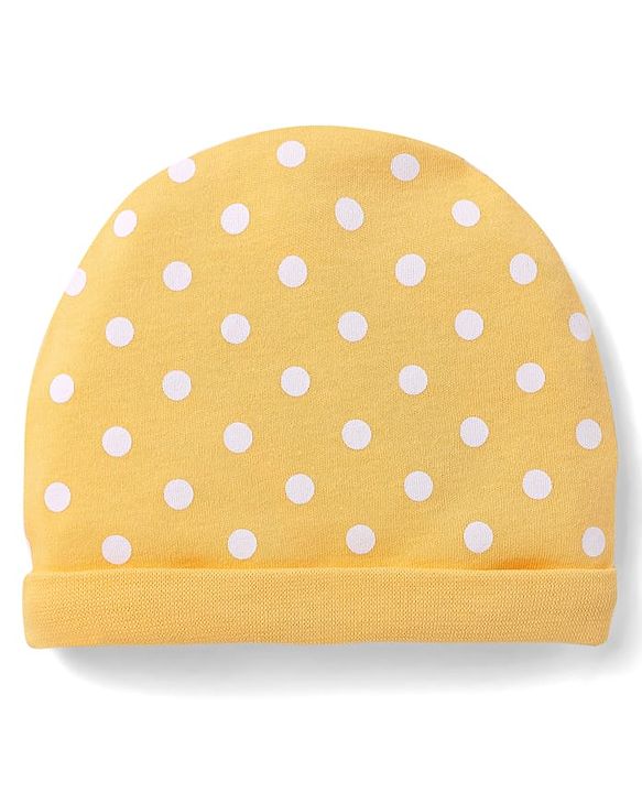 Babyhug 100% Cotton Interlock Knit Caps With Polka Dots & Floral Print Pack Of 2 Marron & Yellow - Diameter 14cm