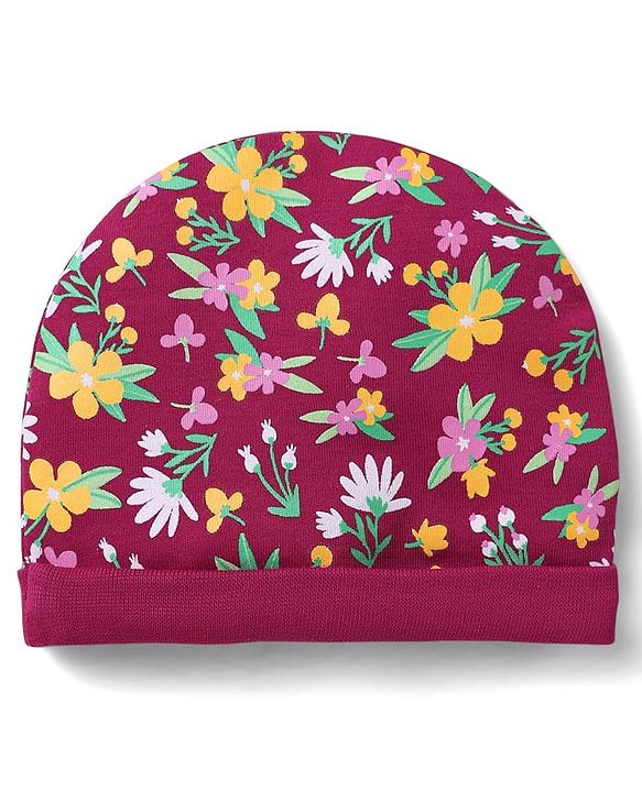 Babyhug 100% Cotton Interlock Knit Caps With Polka Dots & Floral Print Pack Of 2 Marron & Yellow - Diameter 14cm