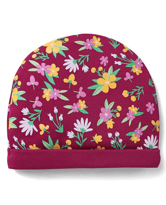 Babyhug 100% Cotton Interlock Knit Caps With Polka Dots & Floral Print Pack Of 2 Marron & Yellow - Diameter 14cm