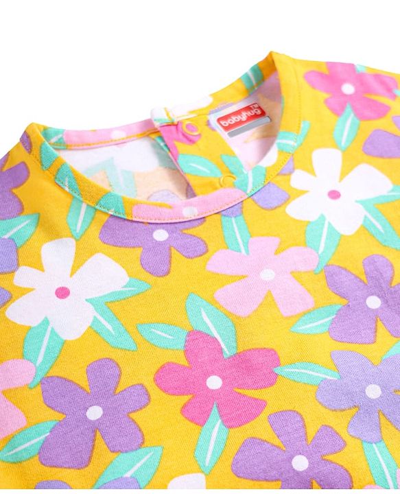 Babyhug Cotton Knit Half Sleeves Top with Floral Print - Yellow