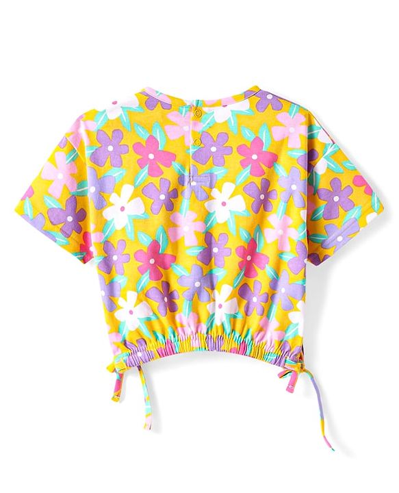 Babyhug Cotton Knit Half Sleeves Top with Floral Print - Yellow