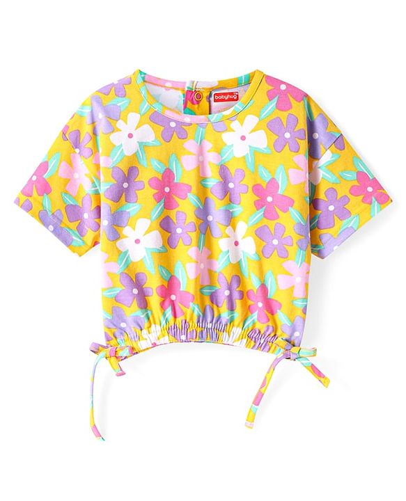Babyhug Cotton Knit Half Sleeves Top with Floral Print - Yellow