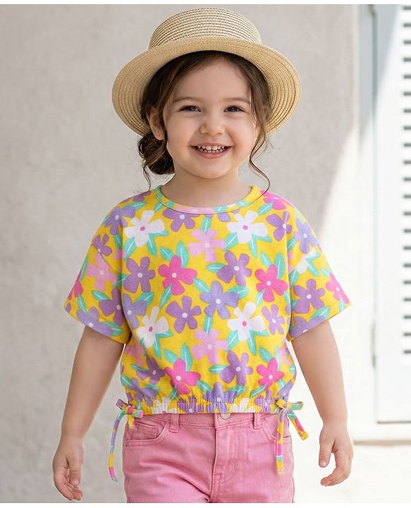 Babyhug Cotton Knit Half Sleeves Top with Floral Print - Yellow