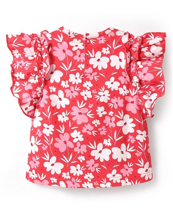Babyhug Cotton Knit Frill Sleeves Top With Floral Print - Red