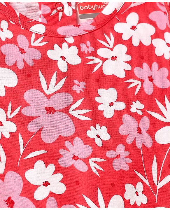 Babyhug Cotton Knit Frill Sleeves Top With Floral Print - Red