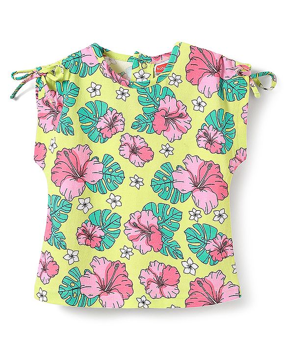Babyhug Cotton Knit Half Sleeves Top with Floral Print - Yellow