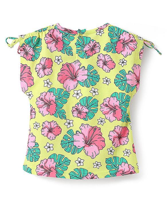 Babyhug Cotton Knit Half Sleeves Top with Floral Print - Yellow