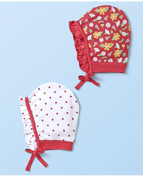 Babyhug Interlock Knit Bonnet Bonnet Caps With Polka Dots & Floral Print Pack Of 2 Red & White - Diameter 10 cm