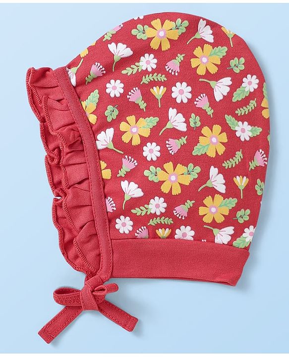 Babyhug Interlock Knit Bonnet Bonnet Caps With Polka Dots & Floral Print Pack Of 2 Red & White - Diameter 10 cm
