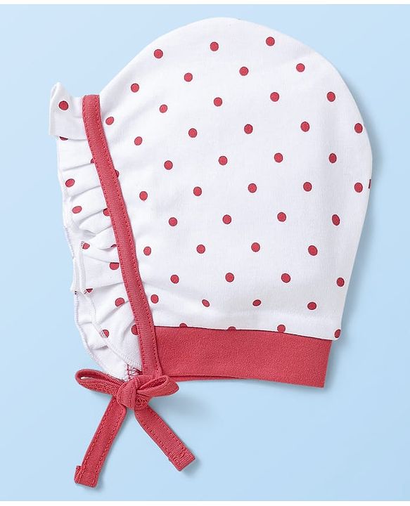 Babyhug Interlock Knit Bonnet Bonnet Caps With Polka Dots & Floral Print Pack Of 2 Red & White - Diameter 10 cm