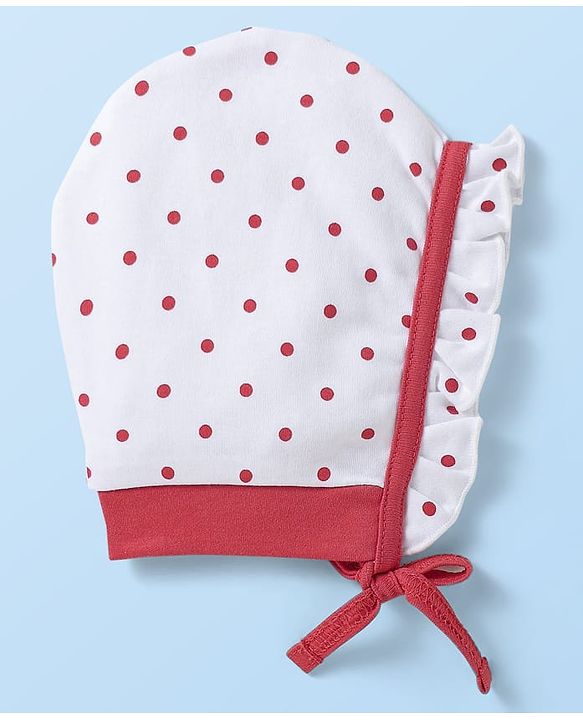 Babyhug Interlock Knit Bonnet Bonnet Caps With Polka Dots & Floral Print Pack Of 2 Red & White - Diameter 10 cm