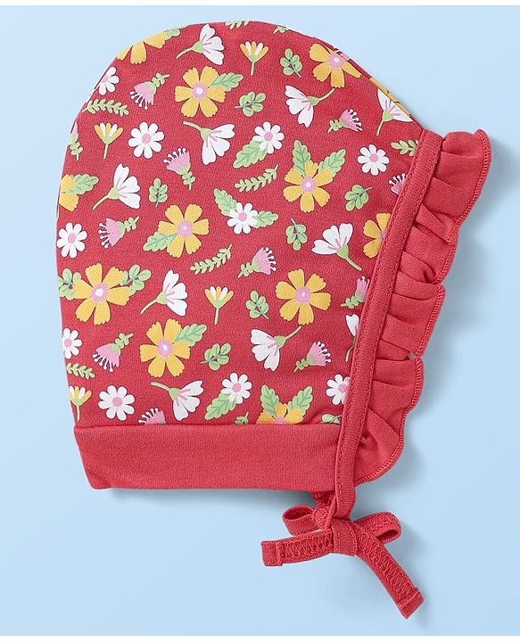 Babyhug Interlock Knit Bonnet Bonnet Caps With Polka Dots & Floral Print Pack Of 2 Red & White - Diameter 10 cm