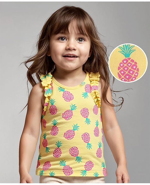 Babyhug Cotton Knit Sleeveless Top With Pineapple Print & Frill Detailing - Yellow