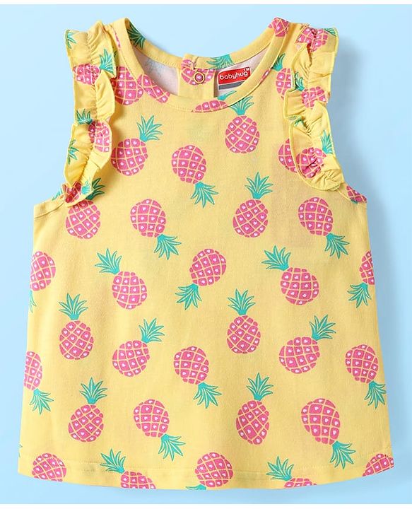 Babyhug Cotton Knit Sleeveless Top With Pineapple Print & Frill Detailing - Yellow