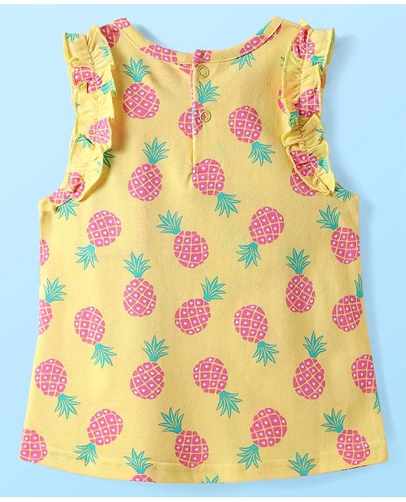Babyhug Cotton Knit Sleeveless Top With Pineapple Print & Frill Detailing - Yellow