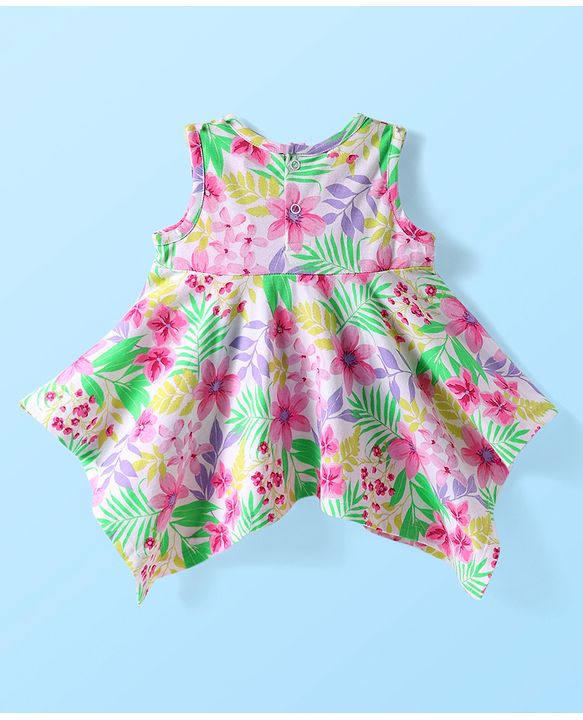 Babyhug Cotton Knit Sleeveless Top With Floral Print & Bow Applique - White & Pink