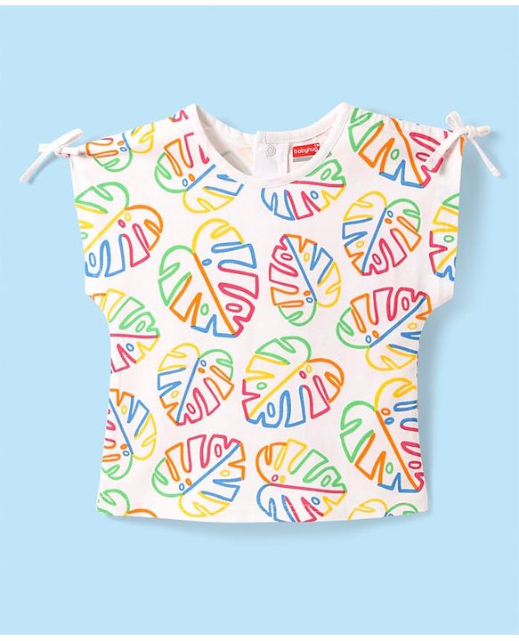 Babyhug Cotton Knit Half Sleeves Top With Leave Print - White