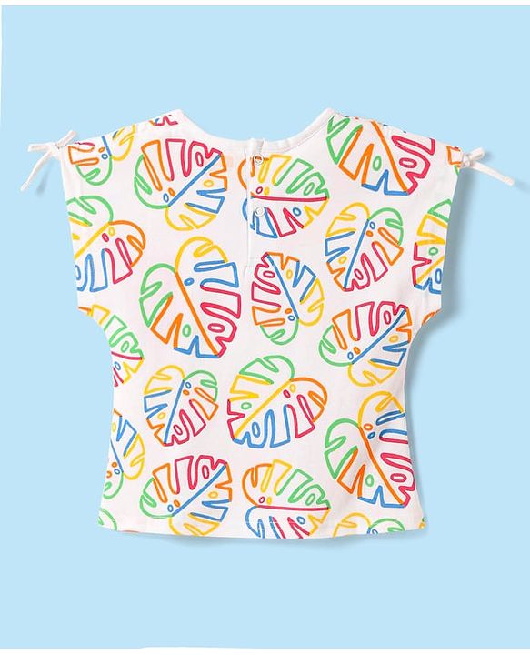 Babyhug Cotton Knit Half Sleeves Top With Leave Print - White