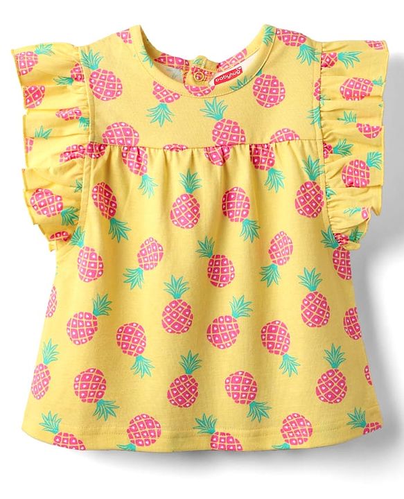 Babyhug Cotton Knit Frill Sleeves Top with Pineapple Print - Yellow
