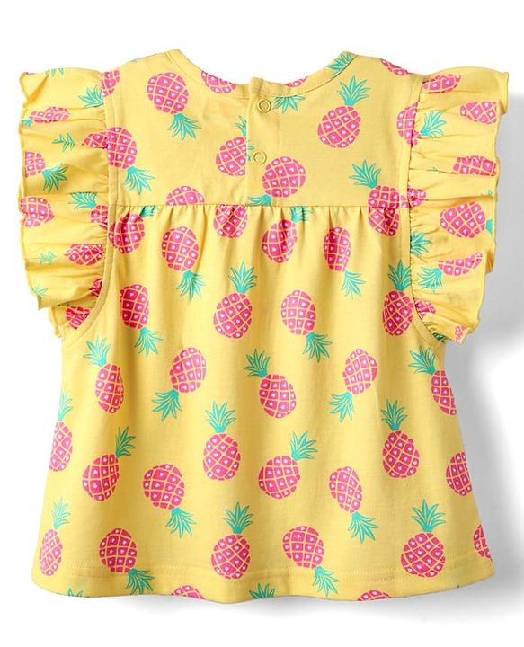 Babyhug Cotton Knit Frill Sleeves Top with Pineapple Print - Yellow
