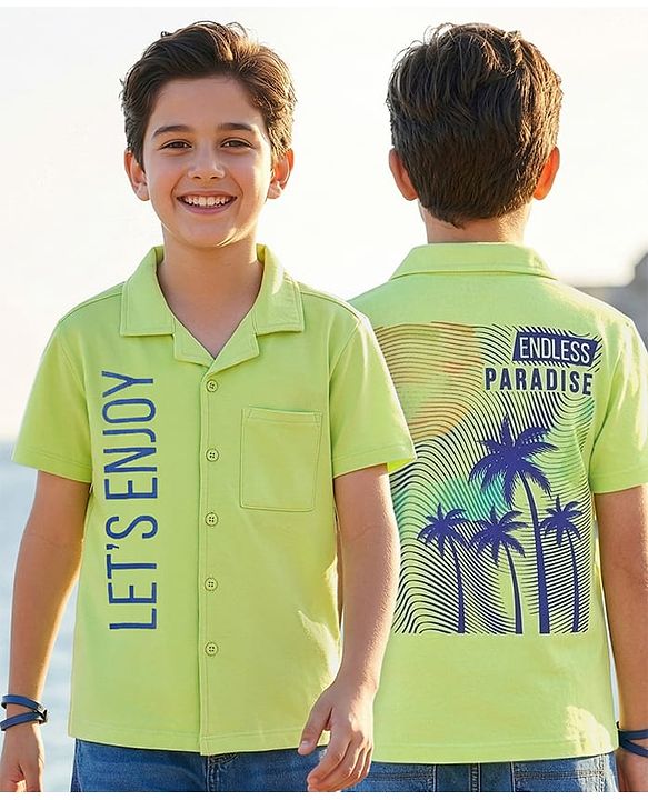 Pine Kids Cotton Knit Half Sleeves Shirt with Beach Theme Print - Light Green