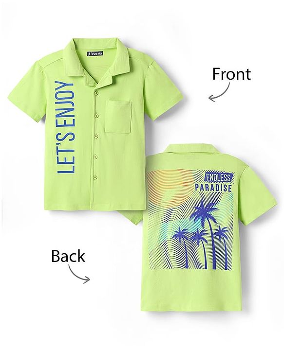 Pine Kids Cotton Knit Half Sleeves Shirt with Beach Theme Print - Light Green