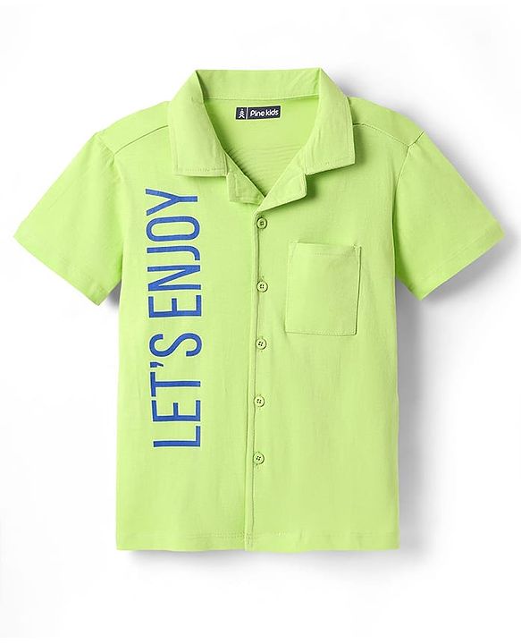 Pine Kids Cotton Knit Half Sleeves Shirt with Beach Theme Print - Light Green